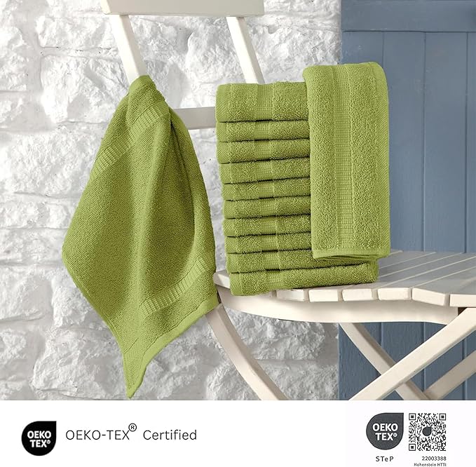 SALBAKOS 100% Turkish Cotton Washcloth Set of 12 13x13 inch | Heirloom Quality | Hotel & Spa Collection | Ultra Soft, Super Absorbent, Washcloth Towels | Made in Turkey (Green, 12 Washcloths)