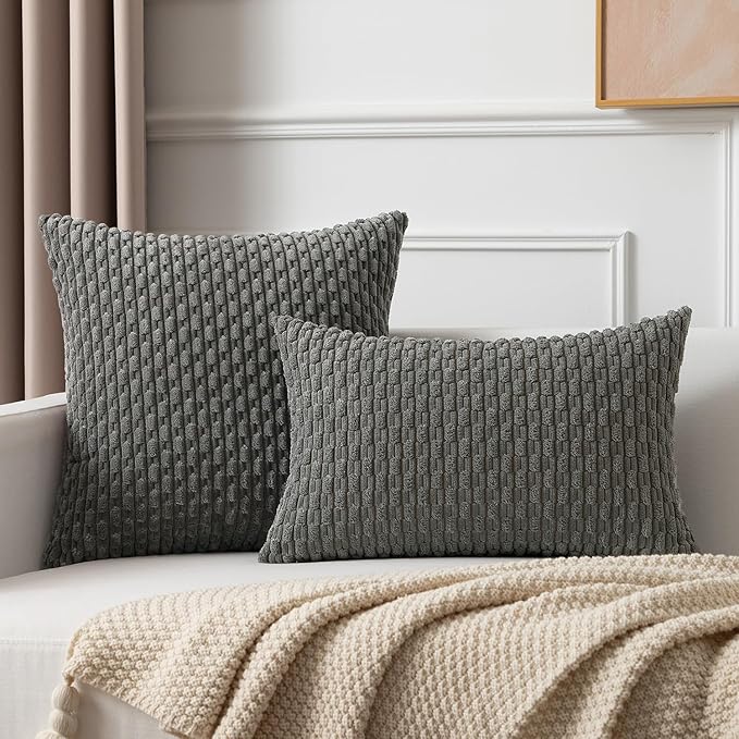 Kevin Textile Velvet Pillow Covers Striped Decorative Throw Cushion Case with Hidden Zipper for Home Couch/Bedroom/Car Soft Cozy Solid Oblong Cushion Cover 2 Pieces (12x20 Inch Dark Grey)