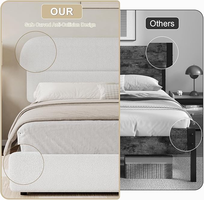 HOMBCK Queen Size Boucle Bed Frame, Upholstered Bed Frame with Headboard, Soft Cloud Bed with Thickened Footboard, Rounded Corners, No Box Spring Needed, Easy Assembly, White