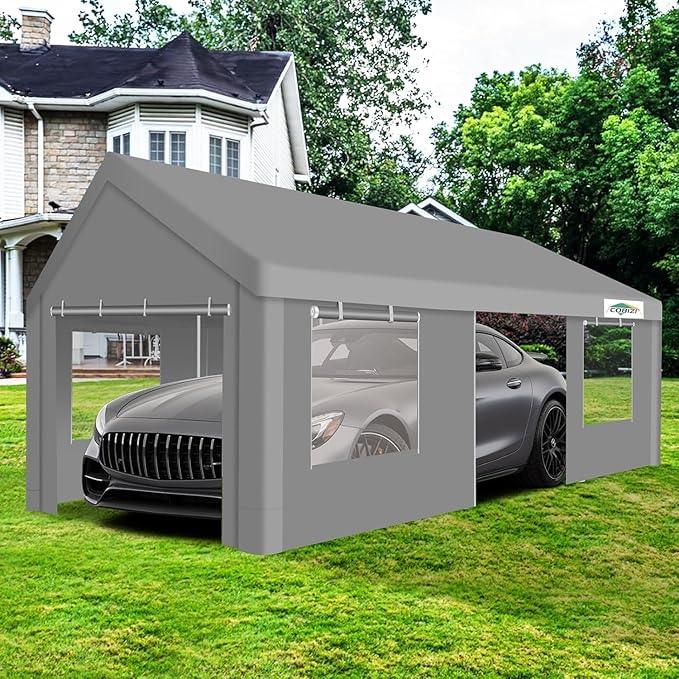COBIZI Carport 12x20ft Heavy Duty Portable Garage, 2.0 Powder Coated Frame(Better Than Galvanized), Waterproof Shelter with Removable Sidewalls & Windows, Built-in Sandbags, for Car/Boat/SUV, Gray