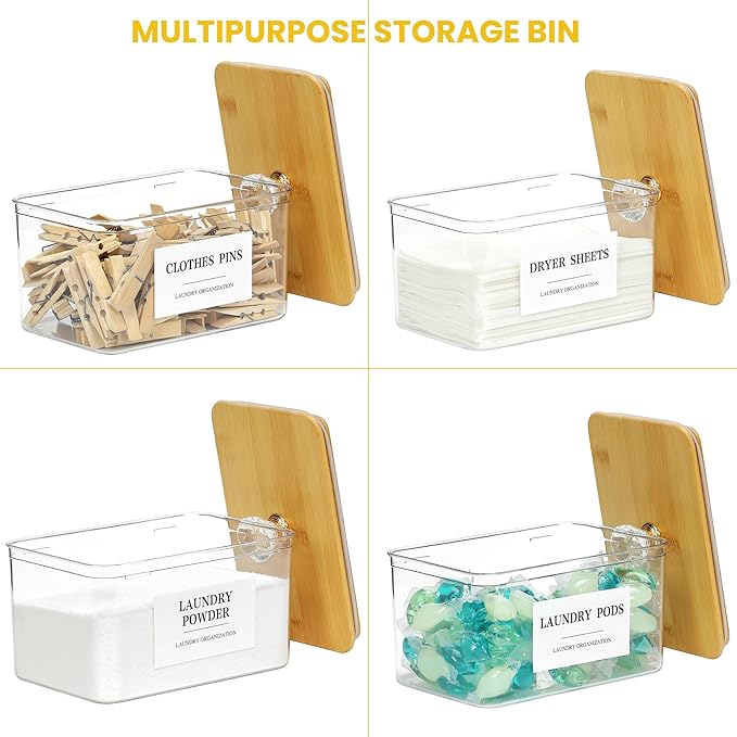 4 Pack Clear Laundry Pods Container & Dryer Sheet Holder Set with Lid, Laundry Containers with Scoops & Labels, Laundry Room Organization and Storage for Laundry Detergent, Pods, Powder, Beads