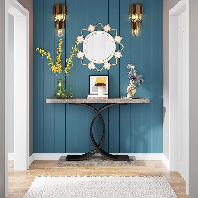 Console Tables for Entryway, Modern Farmhouse 39-inch Entryway Table with Geometric Base, Wooden Hallway Table for Entrance, Living Room (Brown)