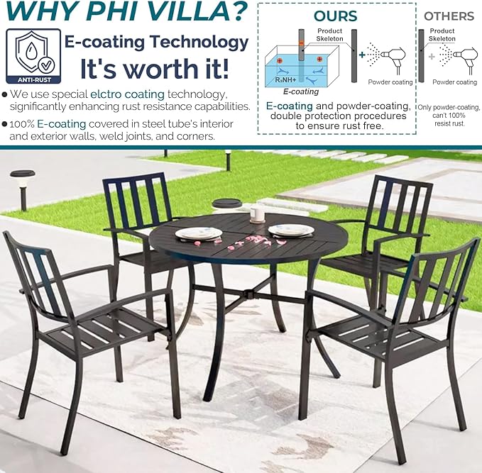 PHI VILLA 5 Piece Outdoor Dining Table Set for 4, 42” Round Steel Dining Table with Umbrella Hole & 4 Black Stacking Metal Chairs for Patio, Deck, Yard, Porch