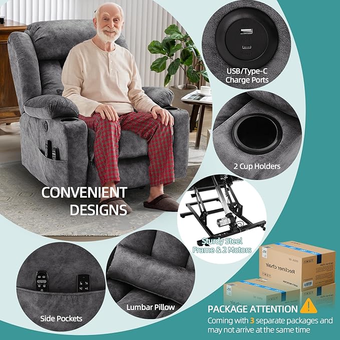 MEETWARM Oversized Dual Motor Lay Flat Power Lift Recliner Chair for Elderly with Heat Massage, Large Sleeping Electric Recliner with Extended Footrest, Lumbar Pillow, USB & Type-C Ports, Plush-Gray