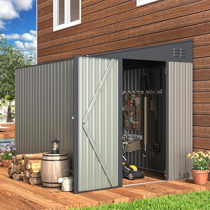 AECOJOY 6' x 8' Lean to Storage Shed Outdoor Storage, Storage Cabinet Shed Metal Wall Side Storage Sheds & Outdoor Storage, Garden Storage Cabinet for Backayrd, Patio, Outdoor Use in Grey