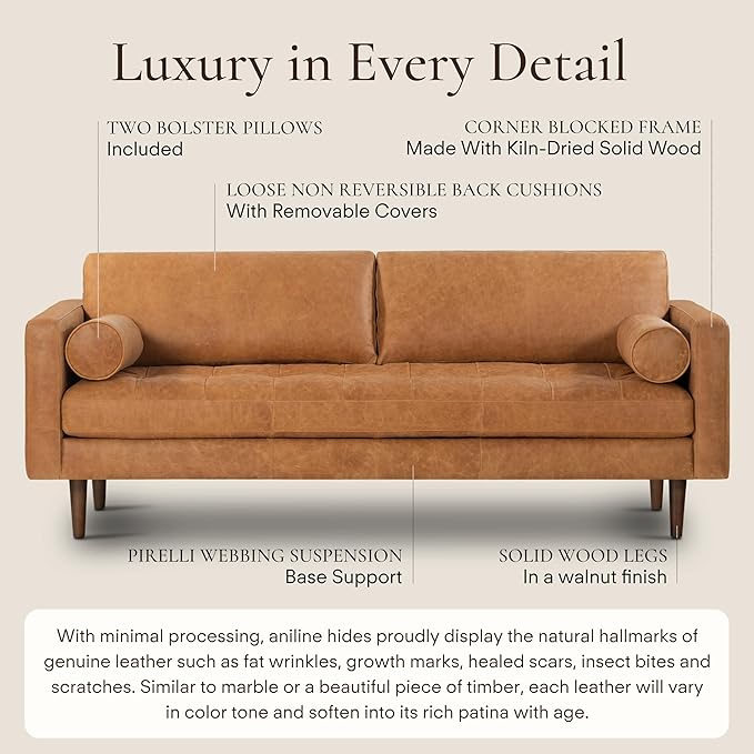 Poly & Bark Napa Leather Couch - 88.5-Inch Office Sofa with 2 Bolsters - Full-Grain Leather Sofa for Living Room with Feather-Down Topper - Living Room Couch - Vintage Italian Leather in Cognac Tan