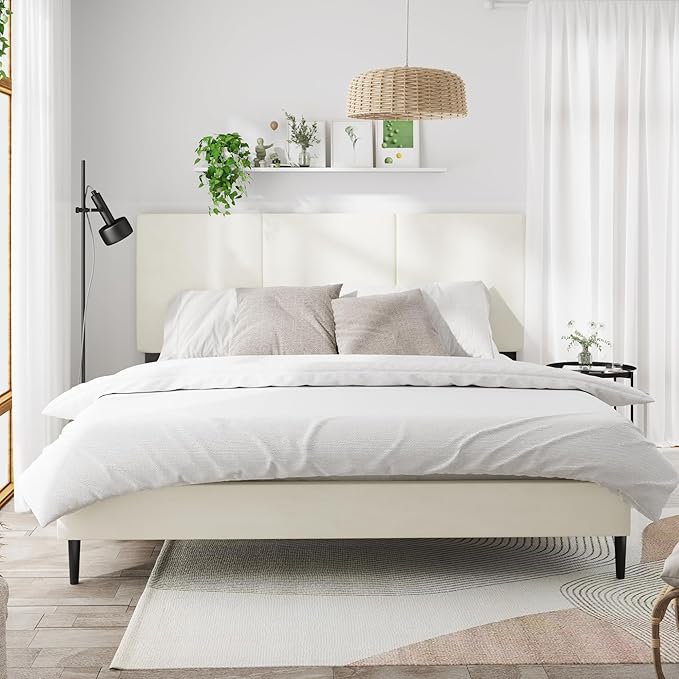 King Bed Frame with Headboard, Vertical Channel Tufted Heavy Duty King Size Bed Frame, No Box Spring Needed, Easy Assembly, Platform Bed Frame with Headboard, Beige