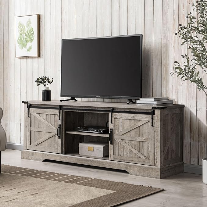T4TREAM Farmhouse TV Stand for 75 Inch TV, Rustic Entertainment Center w/Sliding Barn Door, Large Media Console Cabinet w/Storage Shelves, Wood Television Stand for Living Room, Light Rustic Oak
