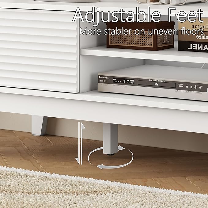 Fluted TV Stand for 55 65 Inch TV, Mid Century Modern Entertainment Center with Shelves, Cabinets & Sliding Doors, TV Media Console Table with Wood Feet & Cord Holes for Living Room, Bedroom, White