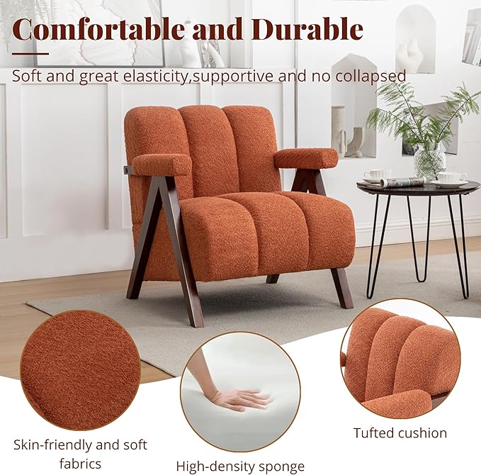 Mid Century Modern Accent Chairs Set of 2 with Solid Wood Frame, Boucle Upholstered Living Room Chairs with Thick Cushion, Comfy Tufted Arm Chair for Bedroom, Orange