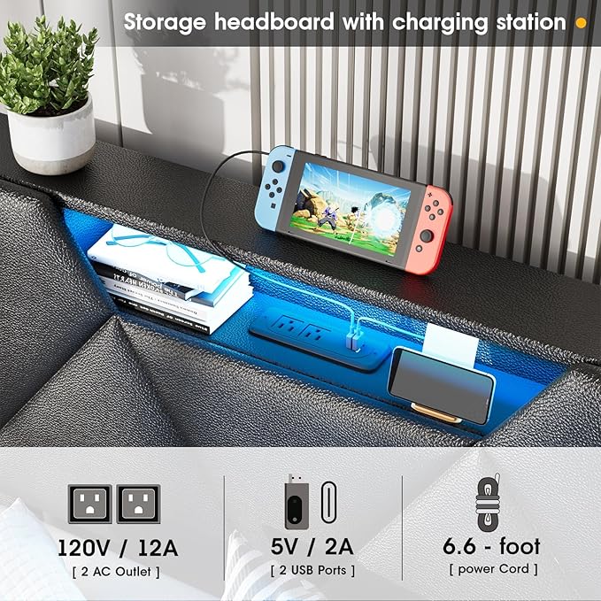 Vabches Twin Bed Frame with Storage Headboard and 4 Drawers,Upholstered Platform with Charging Station and Led Lights,Adjustable Headboard with Pu Leather,No Box Spring Needed,Black