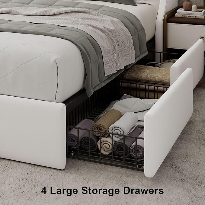 Queen Bed Frame with 4 Storage Drawers, Upholstered Bed Frame with Large Wingback Headboard, Charging Station, No Box Spring Needed, White