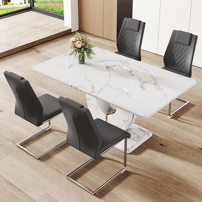 Dining Table Set for 4, Kitchen Table Chairs Set of 4, Modern Dining Room Set with 63 inch Marble Dinner Table PU Leather Upholstered Chairs for Dining Room Kitchen