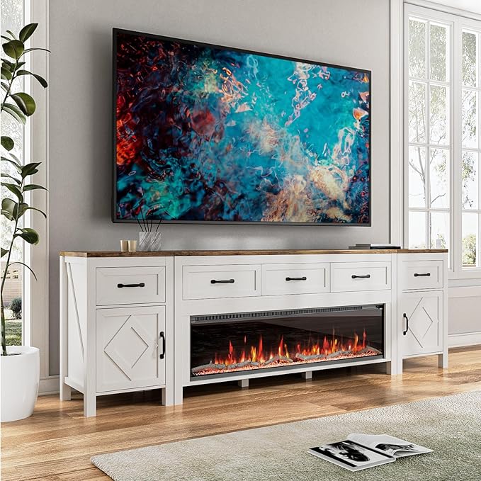 Modern TV Stand with Fireplace for TVs Up to 95 Inch,Entertainment Center with 50" Electric Fireplace,88" TV Console with Storage Cabinet Drawers for Living Room(Off White)