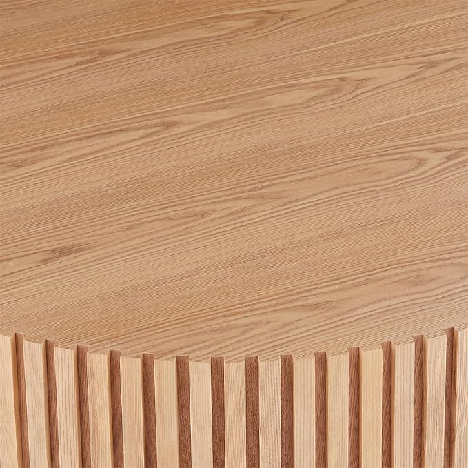 Round Coffee Table for Living Room, Accent Fluted Drum Coffee Table with Storage, Modern Solid Wood Circle Center Tea Table for Small Space Apartment (39.4''D×14''H-Natural)