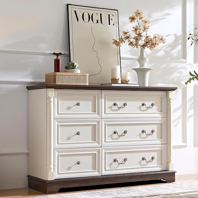 Farmhouse 6 Drawer Dresser with Roman Column Design, 47" Wide Wood Chest of Drawers for Bedroom, Living Room, Antique White