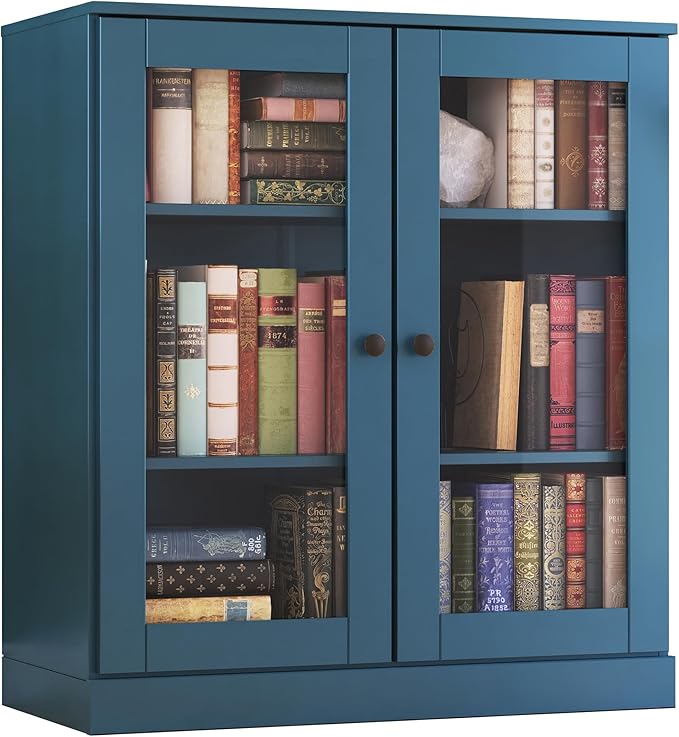Palace Imports Solid Wood Bookcase - Floor Standing Bookshelf - 32” W - Display Furniture, Renewable 100% Eco-Friendly Wood, Made in Brazil (Teal Blue, Clear Glass Doors | 3-Shelf Short Bookcase)