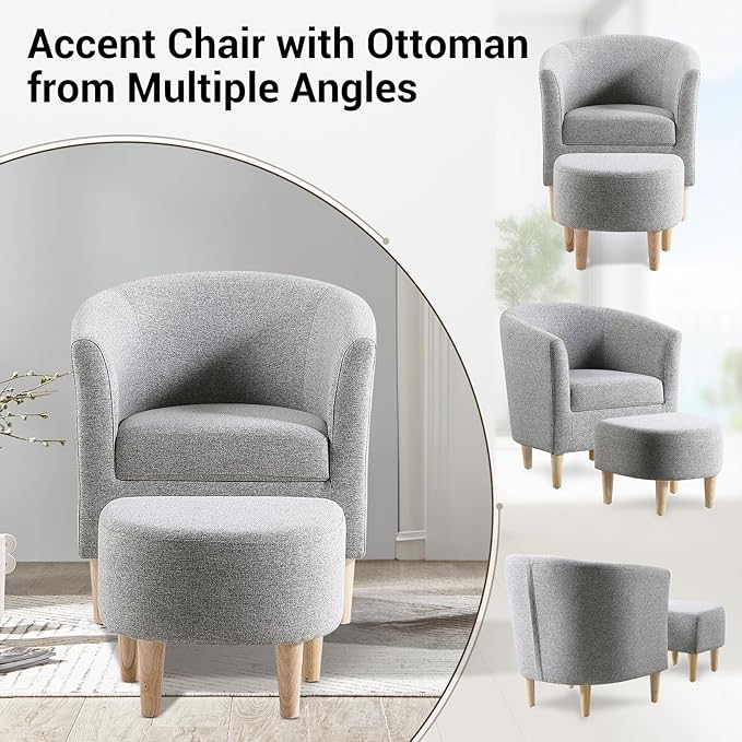 DAZONE Accent Chair with Ottoman, Mid Century Modern Barrel Comfy Fabric Armchair and Footrest Set, Upholstered Club Tub Round Arms Chair for Living Room Bedroom Reading Room, Grey