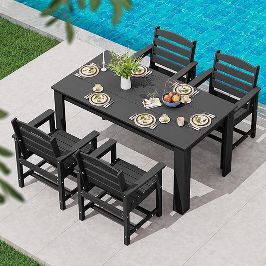 SERWALL HDPE Dining Set for 4, Outdoor Dining Sets for 4 Person with 1 Umbrella Hole Cut-Out Rectangular Table and 6 Chairs, Patio Dining Sets for Garden, Backyard, Poolside, Black