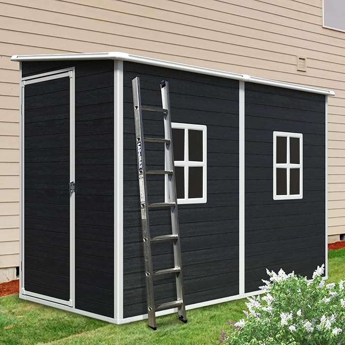 4x8 FT Outdoor Storage Resin Shed with Floor, Waterproof Plastic Garden Tool Shed with Windows, Vents & Lockable Door and Sloped Roof, Easy to Assemble Bike Shed for Patio, Backyard, Lawn, Black