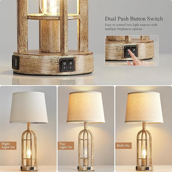 Table Lamps for Living Room End Table Set of 2 - Rustic Farmhouse Bedside Lamps for Bedroom Nightstand with Nightlight and USB A+C, 4 Bulbs Included