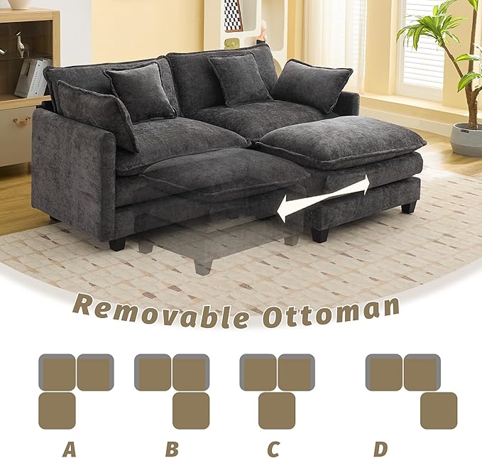 76'' Cloud Deep Seat Loveseat Sofa, Upholstered Chenille Modular 3-Seats Sectional Sofa Couch with Movable Ottoman, Modern Comfy Settee Loveseat for Living Room Set, Small Apartment, Dark Grey