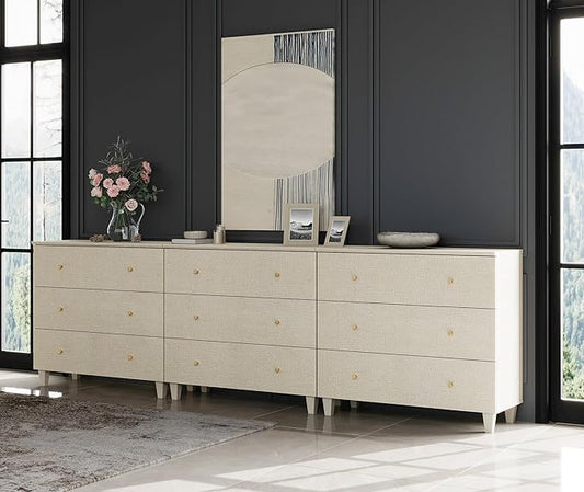 WAMPAT TV Stand Dresser for 100+ Inches TVs, 3-in-1 Wood Media Console Table with 9 Drawers, Modern Highboy Entertainment Center with Storage for Living Room Bedroom, Beige Linen