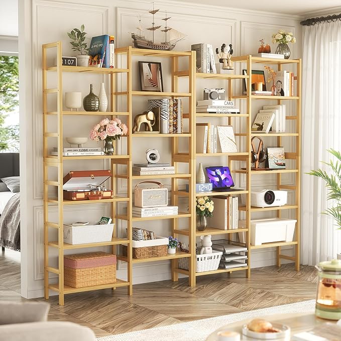 Homykic Double Wide Bamboo Bookshelf, 6-Tier Large Open Bookcase with 12 Display Shelves, 6ft Tall Freestanding Book Shelf for Home Office, Bedroom, Living Room, Plants, Natural