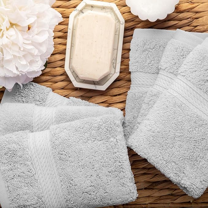 Superior Egyptian Cotton Pile Face Towel/Washcloth Set of 6, Ultra Soft Luxury Towels, Thick Plush Essentials, Absorbent Heavyweight, Guest Bath, Hotel, Spa, Home Bathroom, Shower Basics, Silver