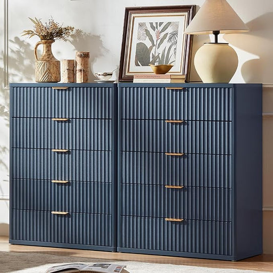 LEYAOYAO Fluted 5 Drawers Dresser for Bedroom Set of 2, 41" Tall Modern Chest of Drawers with Metal Handle, Curved Profile Design,Blue Wood Drawer Organizer for Bedroom, Living Room, Hallway