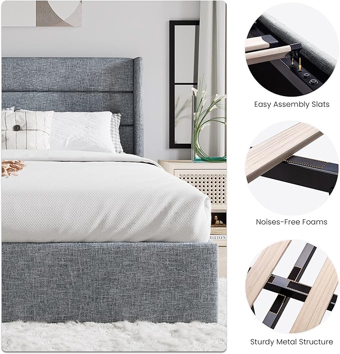 SHA CERLIN Queen Size Lift Up Storage Bed/Modern Wingback Headboard/Upholstered Platform Bed Frame/Hydraulic Storage/No Box Spring Needed/Wood Slats Support/Grey Blue