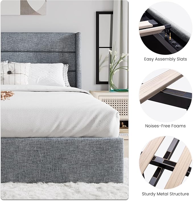 SHA CERLIN King Size Lift Up Storage Bed/Modern Wingback Headboard/Upholstered Platform Bed Frame/Hydraulic Storage/No Box Spring Needed/Wood Slats Support/Grey Blue