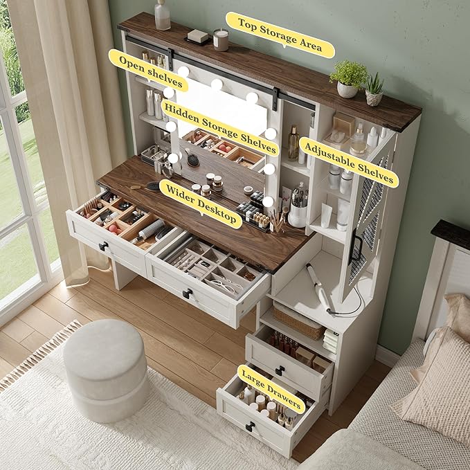 EnHomee 47.2" Farmhouse Makeup Vanity Desk with Sliding HD Mirror and Lights, White Vanity Table with 4 Drawers & RGB Cabinets, Modern Lighted Vanity Table for Bedroom, Antique White