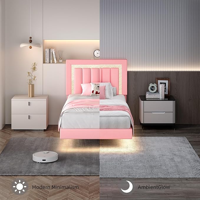 HOMBCK Floating Bed Frame Full with Smart LED Lights, Faux Leather Upholstered Platform Bed with Diamond PU Headboard, No Box Spring Needed, Noise-Free, Easy Assembly, Pink