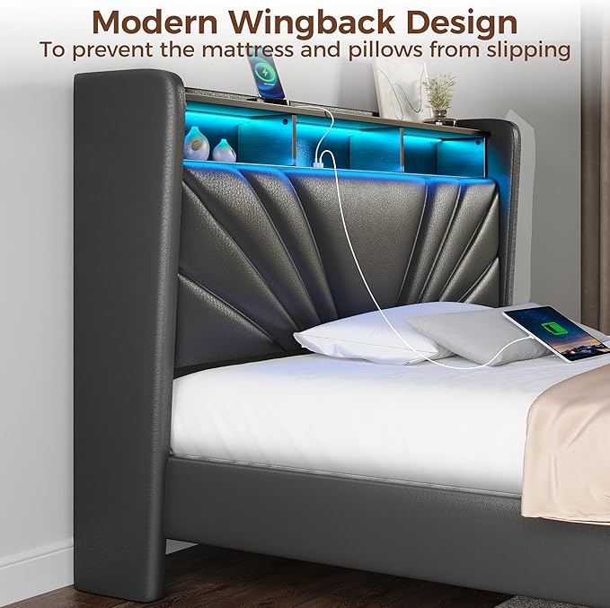 Rolanstar Twin Size Bed Frame, Storage Headboard with Charging Station and LED Lights, Upholstered Bed with Heavy Duty Wood Slats, No Box Spring Needed, Noise Free, Easy Assembly, Black