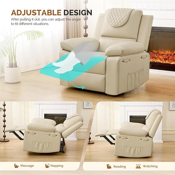 Recliner Chair with Electric Massage Adjustable Footrest & Heat, Manual Leather Recline for Adults Living Room Remote Control (Beige)