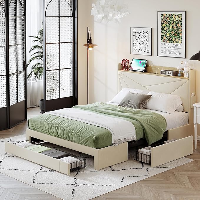 Queen Bed Frame with 3 Drawers, Upholstered Bed Frame Queen with Storage Headboard, AC USB & Type C Charge Station,Wooden Support Slats No Box Spring Needed Easy Assembly,Beige
