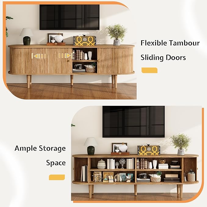 70" TV Stand with Tambour Door, Mid Century Modern TV Console with Solid Wood Legs for TVs up to 80", Fluted Entertainment Center with Dust-Proof Storage for Living Room, Natural Oak