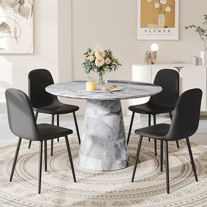 Round Dining Table Set for 4, 45IN Kitchen Table Set with Faux Marble Table Top and PU Upholstered Chairs, Modern Dinner Table with Chairs Set for Dinning Room, Living Room