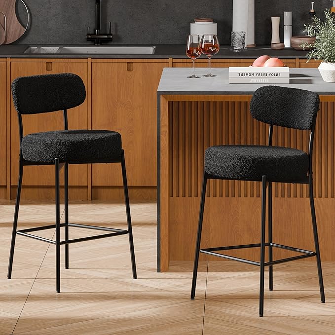 DYHOME Black Bar Stools Set of 2, 24 Inches Modern Counter Height Bar Stools with Curved Back Metal Legs, Upholstered Boucle Barstools for Kitchen Island, Cafe