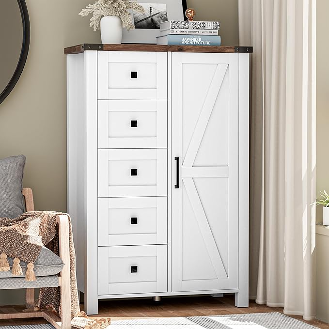 Farmhouse Dresser Storage Cabinet Chest of Drawer for Bedroom, 5 Drawer Dresser with Barn Door, 48 Inch Tall White Wood Dresser, Adjustable Shelves, Rustic, for Living Room, Entryway, Hallway