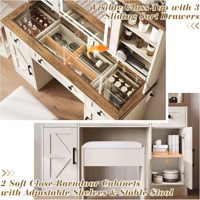 Farmhouse Makeup Vanity Desk with Sliding Mirror and Lights, 47'' Glass Tabletop Vanity Table with Charging Station, Large Vanity Set with Drawers, Stool, Barn Door Dressing Cabinets, White