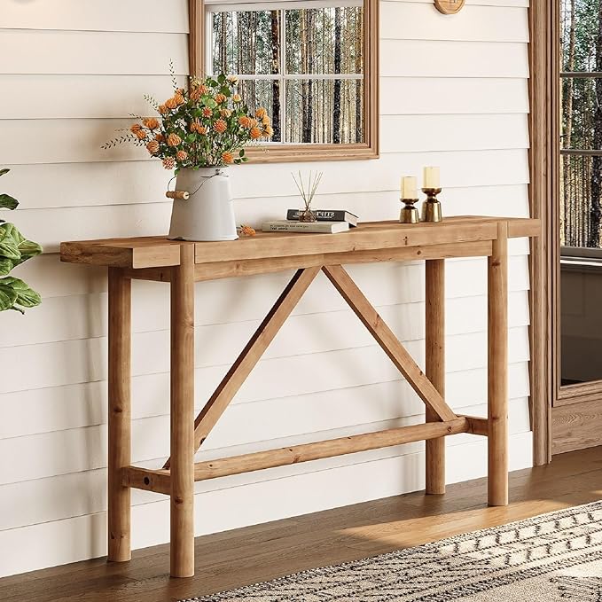 Solid Wood Console Table for Entryway, 63" Long Farmhouse Entryway Sofa Table for Living Room, Wooden Narrow Console for Hallway, Foyer, Entrance (Rustic Brown)