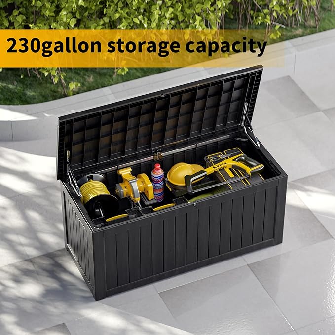 230 Gallon Resin Large Deck Box, Waterproof Outdoor Storage box for Patio Cushions, Garden Tools, Lockable (Black)