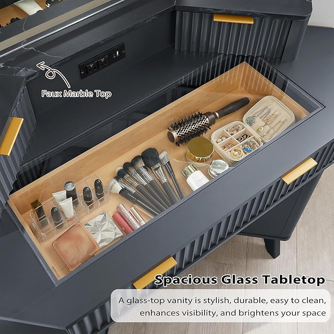 T4TREAM Fluted Makeup Vanity Desk with 3 Way Mirror and Lights, 48" Large Corner Vanity Table with Glass Top, Charging Station, 3 Drawers, Storage Cabinets & Shelves, for Bedroom, Dark Grey