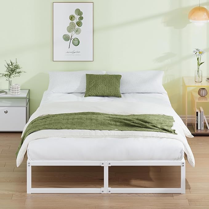 EMODA 12 Inch King Bed Frame, Metal Platform White Bed Frame King No Box Spring Needed, Heavy Duty Steel Slats Support, Easy Assembly, Noise Free