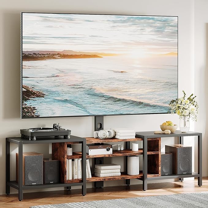 IRONCK 79 Inch TV Stand for TVs up to 85 Inch with Mount and Power Outlet, 3 Tiers TV Console with Storage Shelves, Entertainment Center, Steel Frame, for Living Room, Bedroom, Vintage Brown