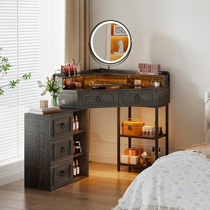 Corner Vanity Desk with Rotating Mirror and Lights,Glass Top Makeup Vanity with Human Body Senor&Charging Station,LED Vanity Table Set with 5 Drawers and Shelves for Bedroom