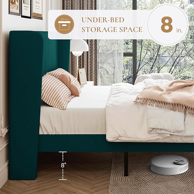 SHA CERLIN Full Size Velvet Bed Frame with Vertical Channel Tufted Wingback Headboard, Upholstered Platform Bed with Wood Slats, No Box Spring Needed, Easy Assembly, Teal