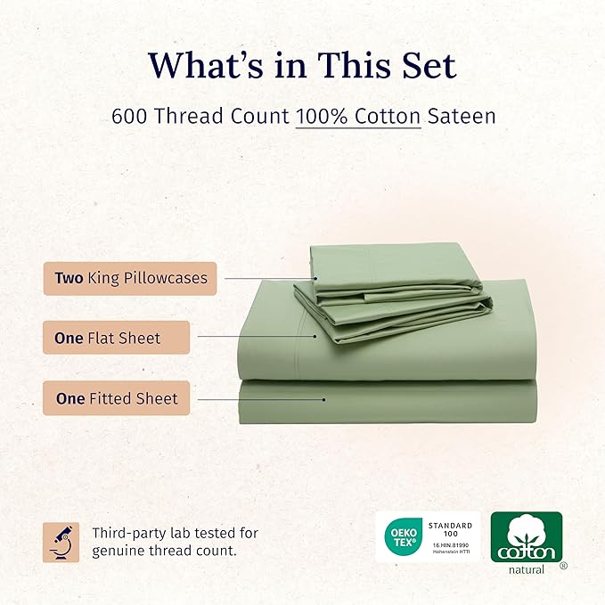 California Design Den Natural 100% Cotton Bed Sheets King Size Set - Luxury 600 Thread Count Sateen, Hotel Quality King Size Sheet Set, Fully Elasticized Deep Pockets, Cool and Durable - Laurel Green